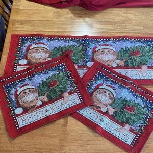Festive Kitty Klaus Holiday Placemats and Table Runner